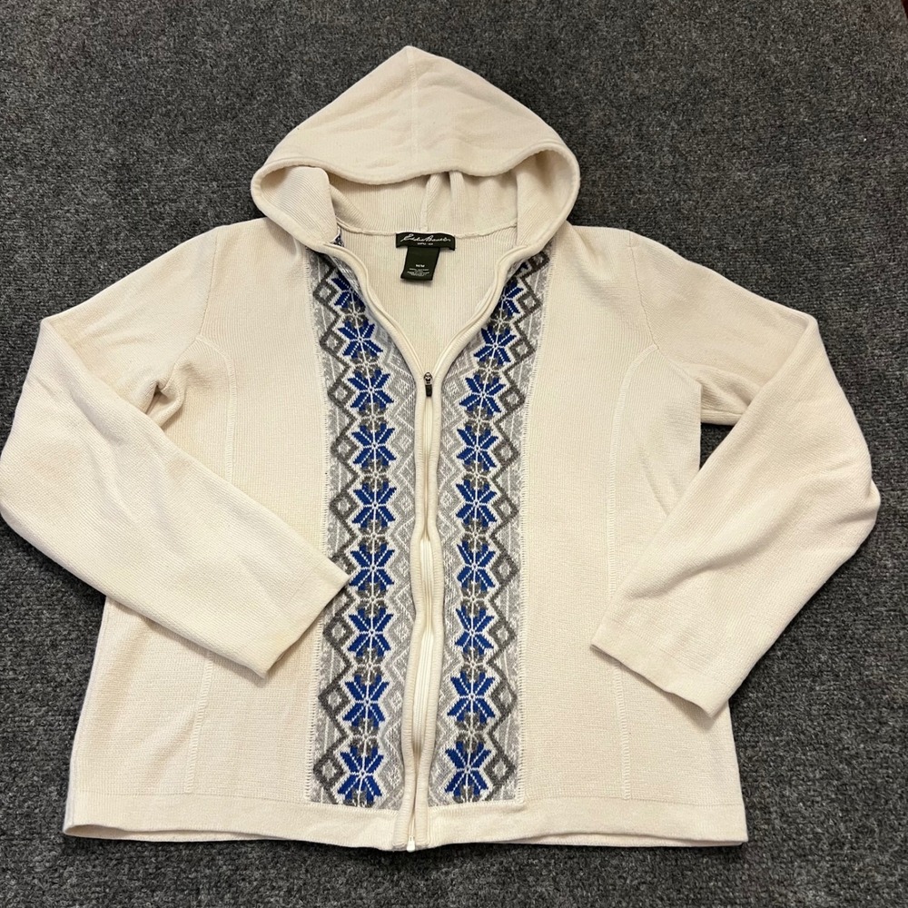 Eddie Bauer Womens Cream Fair Isle Snowflake Full Zip Hooded Cotton Sweater M
